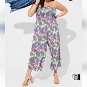 🆕️ 🌴PINK PALM LEAVES CROP GAUZE SMOCKED BEACH JUMPSUIT🌴